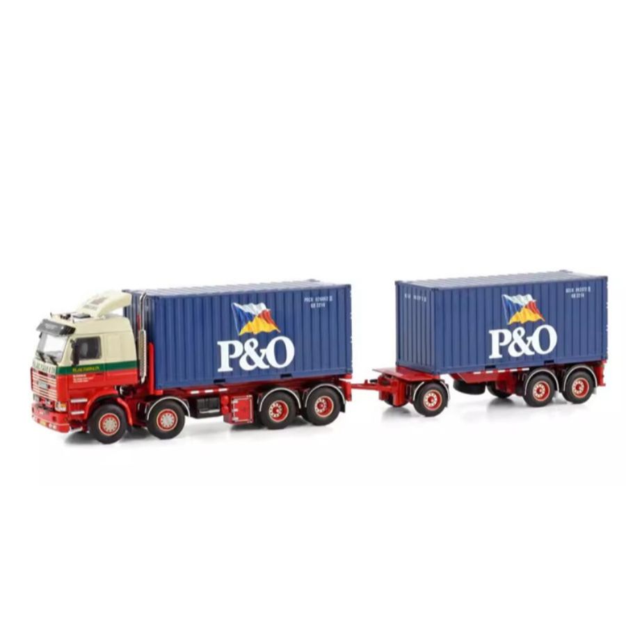 WSI SCANIA 3 SERIES 8X2 TAG AXLE RIGED DRAWBAR CONTAINER COMBI - 7 AXLE + 2X 20FT CONTAINER FA. JAC. FIJAN & ZN. 1:50  DIECAST Truck Lorry