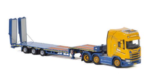 WSI 1/50 SCANIA R HIGHLINE CR20H 6X2 TWINSTEER SEMI LOW LOADER RAMPS-3 AXLE view1