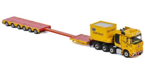 WSI 1/50 MB ACTROS MP4 SLT 8X4 SEMI LOW LOADER-6 AXLE+10 FT CONTAINER FLOSSDORF view1